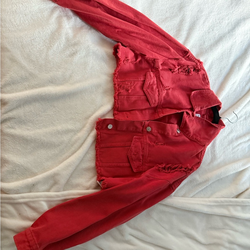 Red Cropped Denim Jacket - Picture 3 of 3